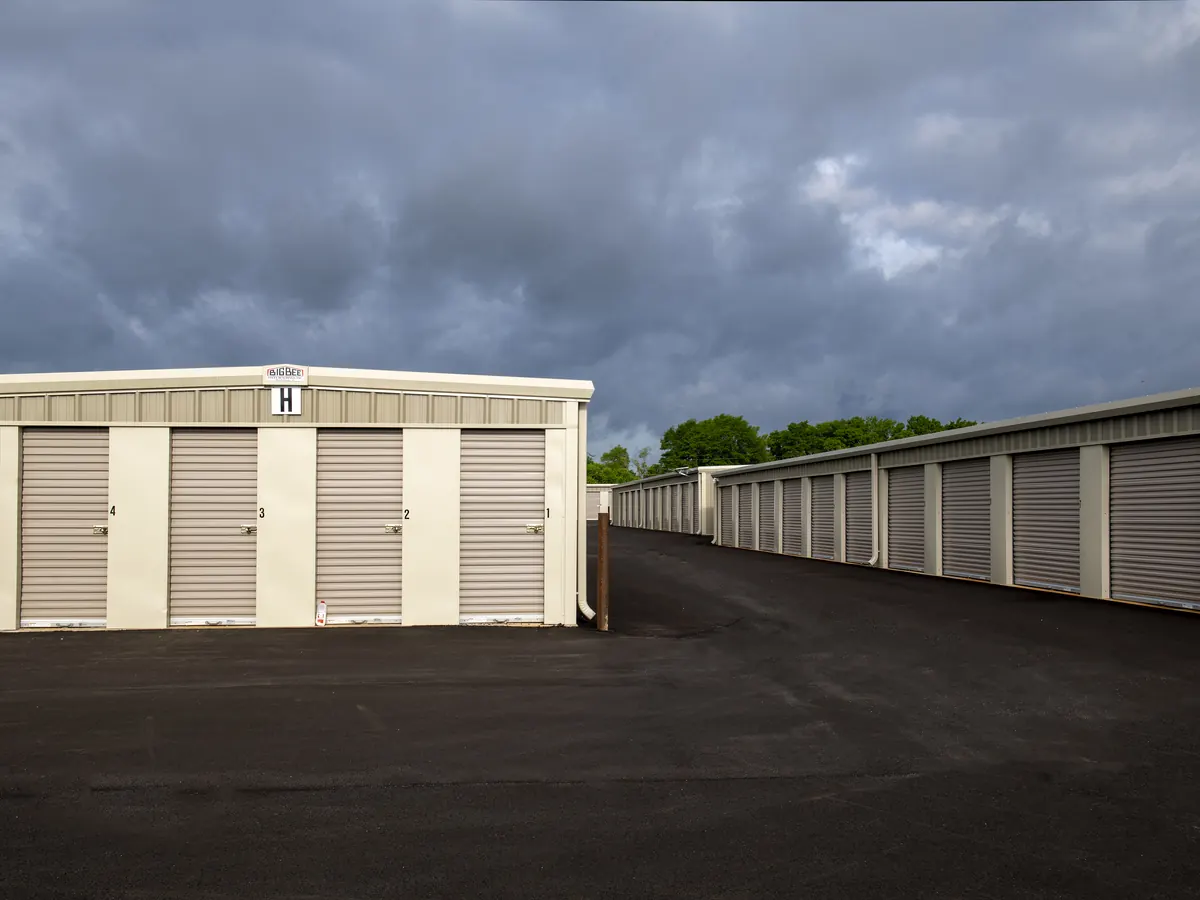 A storage building with roll-up doors